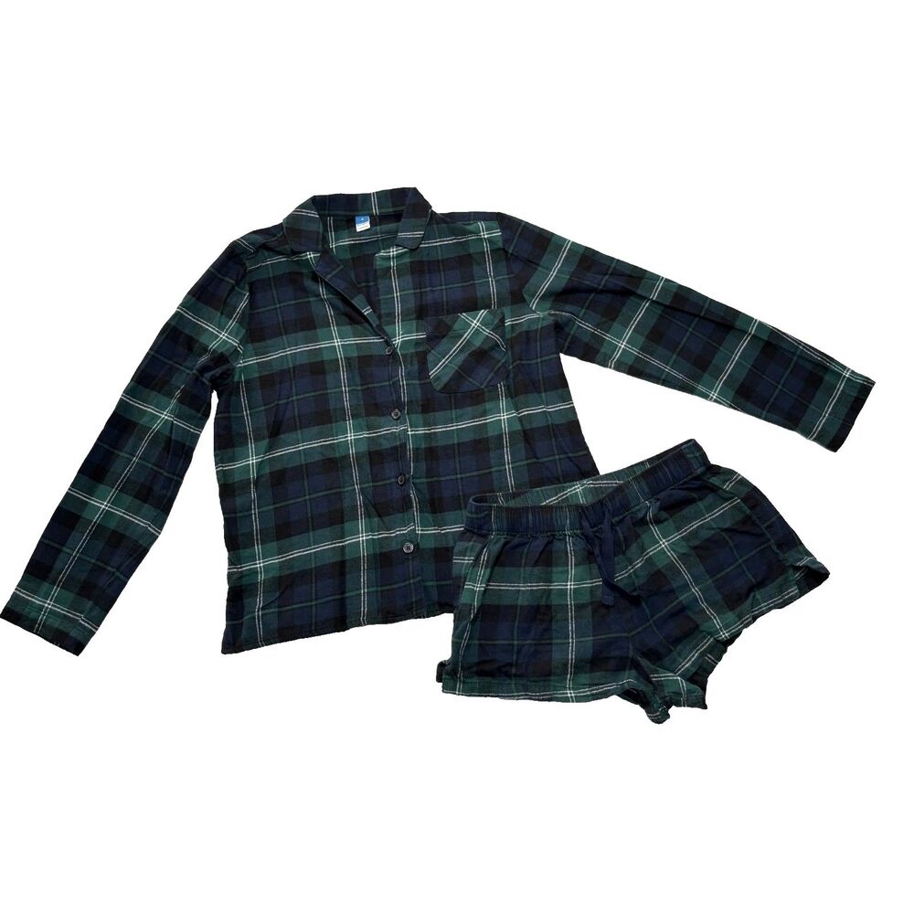 Old Navy Pajama Set Flannel Green Plaid Tartan Holiday Sleepwear Womens M and XS